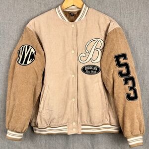 H&M Divided Varsity Style Corduroy Snap Front Jacket Sz S Patches Streetwear